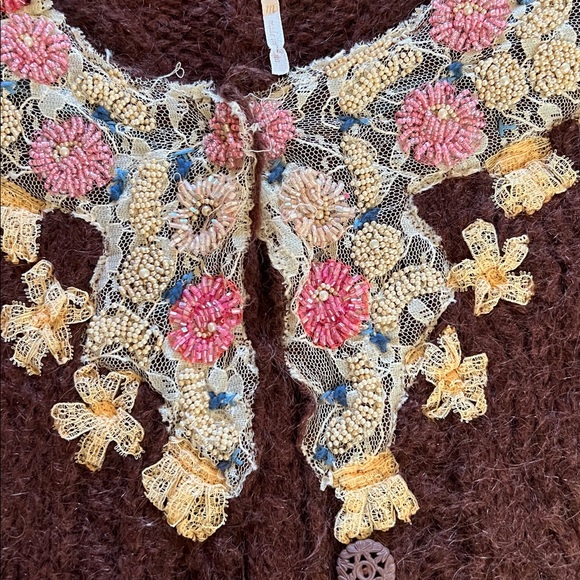 Free People Cottagecore Brown Cardigan with Floral beading and lace Embroidery - Picture 4 of 13